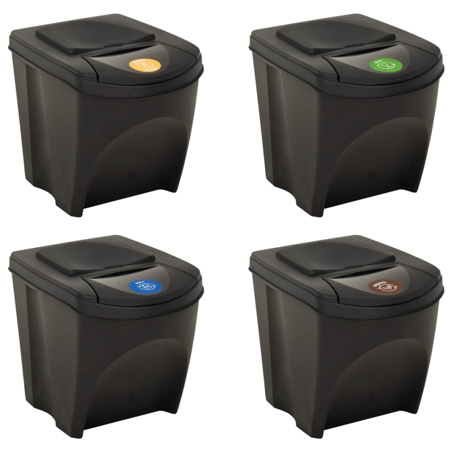 vidaXL Mülleimer, 4er Set, anthrazit, 100L, stapelbar, mit Abfalltrennungsetiketten.