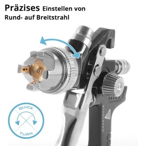STAHLWERK HVLP Lackierpistole: Düse zur präzisen Einstellung von Rund- auf Breitstrahl. Schnelle Sprühbildanpassung.