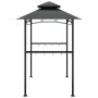 Anthrazit Grillpavillon mit Stahlrahmen, Seitenregalen und Haken für Grillzubehör.
