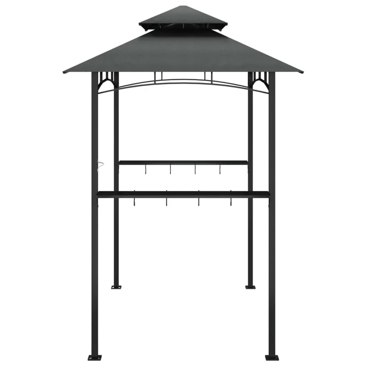 Anthrazit Grillpavillon mit Stahlrahmen, Seitenregalen und Haken für Grillzubehör.