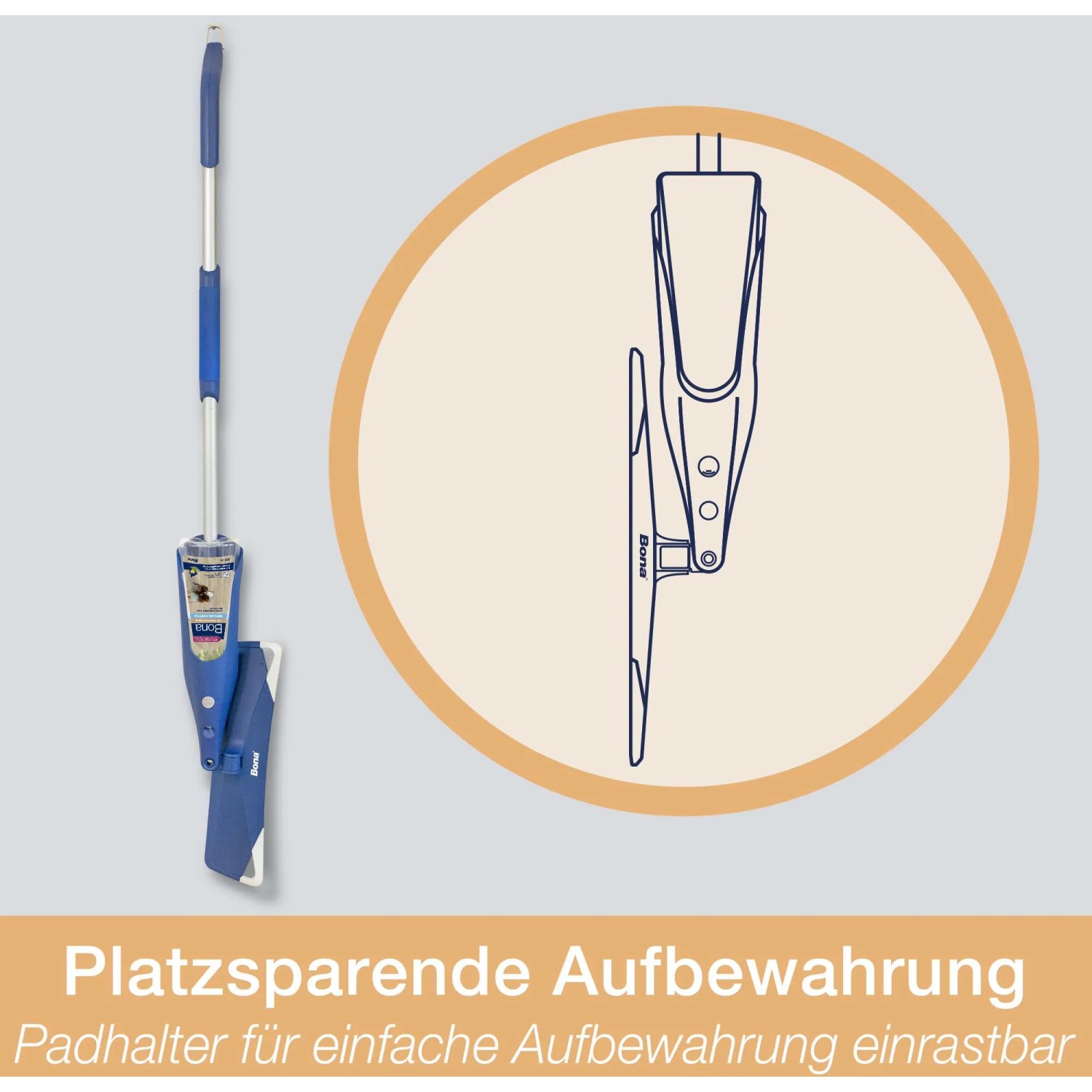 Bona Premium Spray Mop für geölte Holzböden mit Kartusche und Mikrofaserpad, blau.
