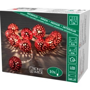 Konstsmide LED-Lichterkette mit roten Metallbällen, 10 warmweiße Dioden für den Innenbereich.