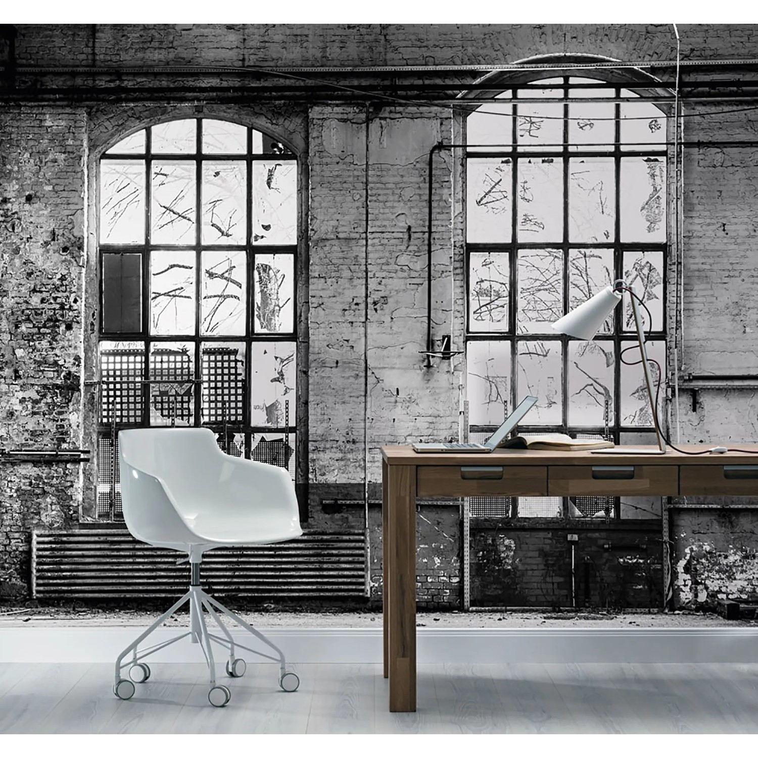 Rasch Digitaltapete Factory IV 940930: Fototapete mit Fenster-Motiv in Grau, 3x3,72m.