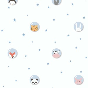 Helle Kinderzimmer Tapete mit Tieren und Sternen in Blau. Vliestapete für Jungen und Mädchen.