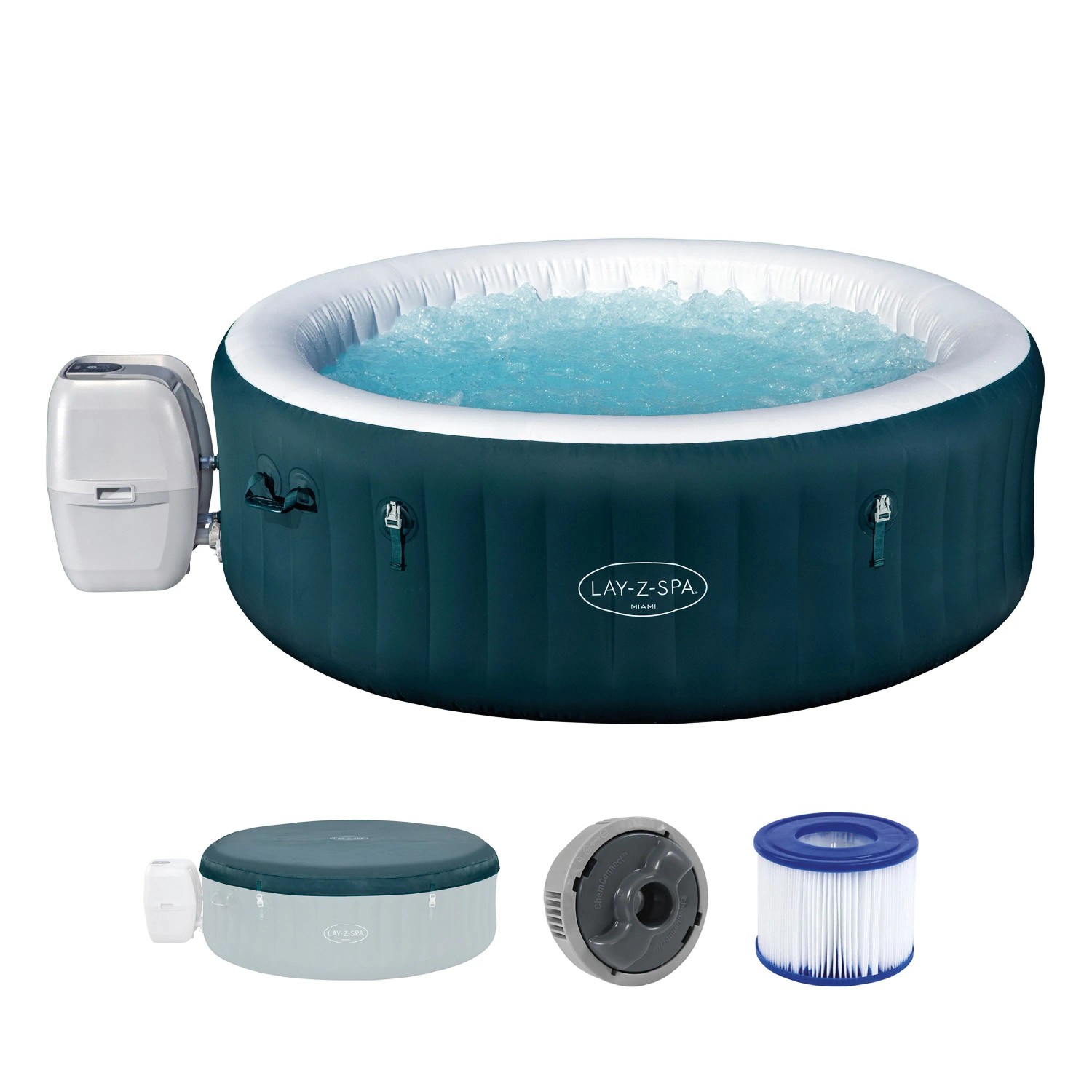 Dunkelgrüner Bestway LAY Z SPA Miami aufblasbarer Whirlpool für 6 Personen, mit Pumpe, Filter und Abdeckung.