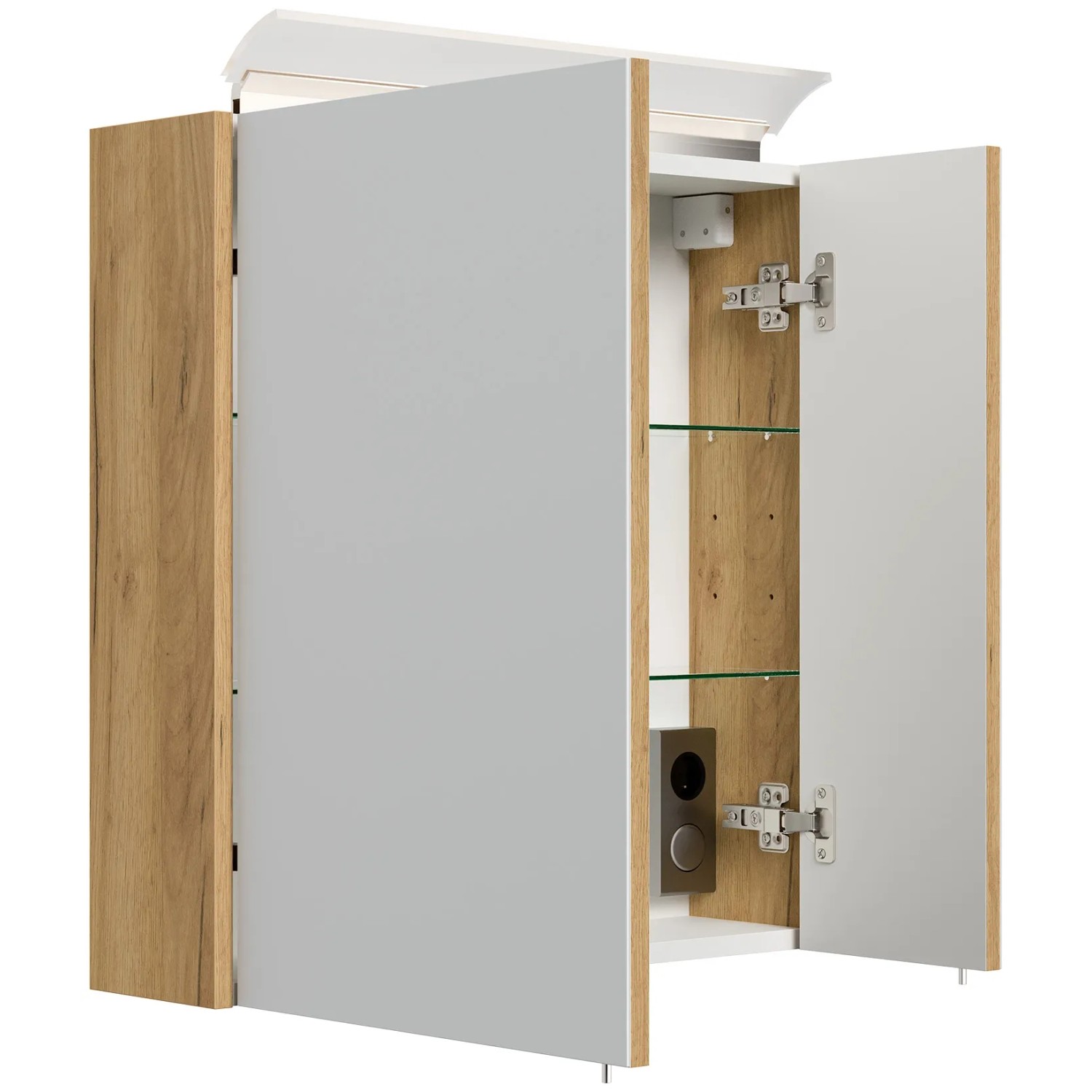 Posseik Spiegelschrank 60 cm Eiche Gold mit LED-Lampe und Glasböden, offene Ansicht.