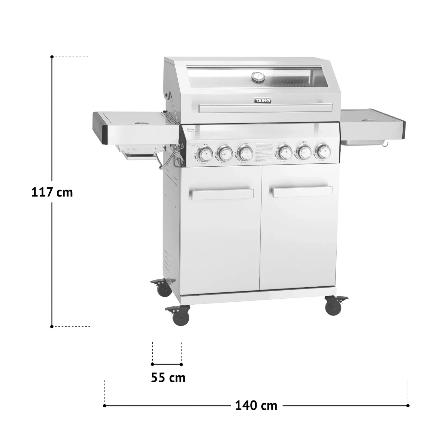 Taino Platinum Yamara 4+2 Gasgrill aus Edelstahl mit 4 Brennern, Sear- und Backburner.