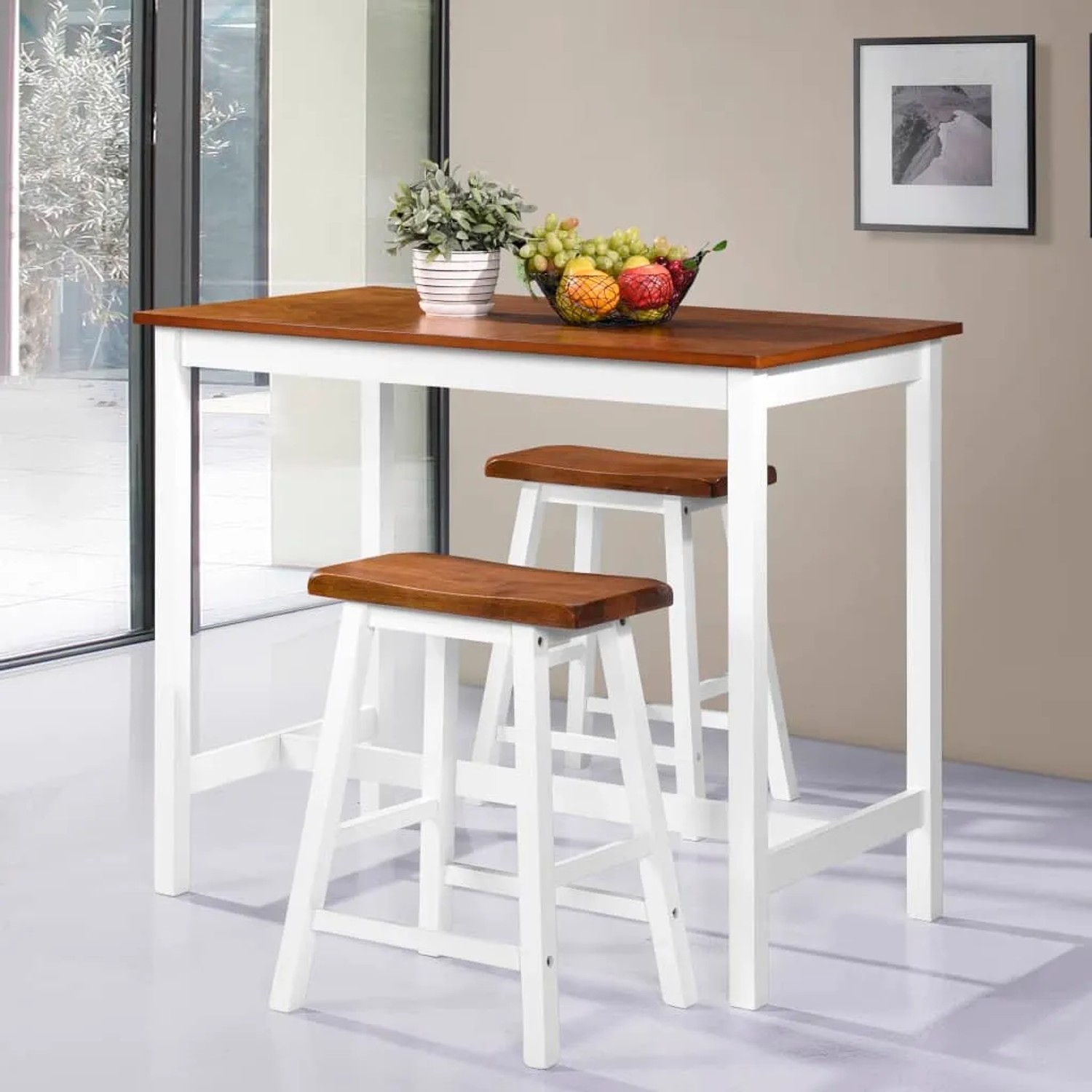 vidaXL Bartisch- und Hocker-Set, 3-teilig, aus Massivholz, braun/weiß.