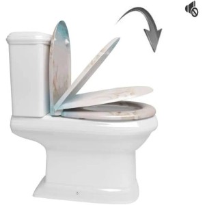 WOLTU WC-Sitz Duroplast mit Absenkautomatik auf Toilette. Marmoriertes Design, O-Form, leises Schließen.
