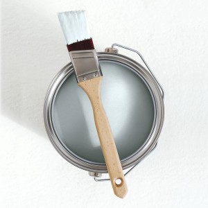 Farbe Morgenhimmel: Dose V&CO Innenfarbe Blau mit Pinsel. Matte Wandfarbe.
