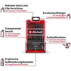 Einhell Metallbohrer-Set HSS-R, 19-teilig (1-10 mm) in roter Kassette mit transparentem Deckel.