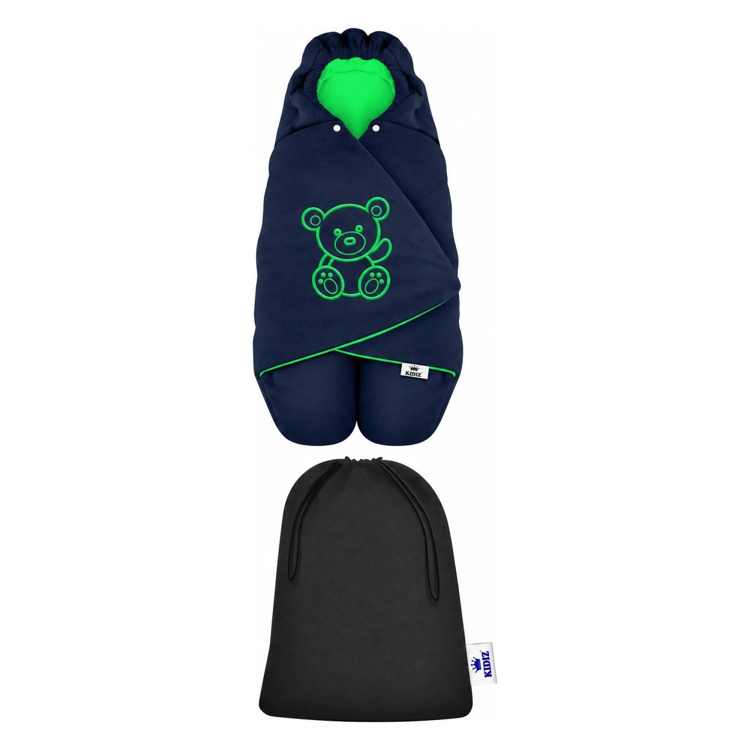 KIDIZ Baby Einschlagdecke mit Kapuze und Tasche Winter Fußsack Navyblau Grün