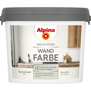 Eimer Alpina Bad & Küche Wandfarbe Baumwollweiß, geeignet für Feuchträume.