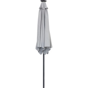 Grauer Sonnenschirm Wando Ø 270 cm, geschlossen. Marktschirm mit Kurbel und LED-Beleuchtung.
