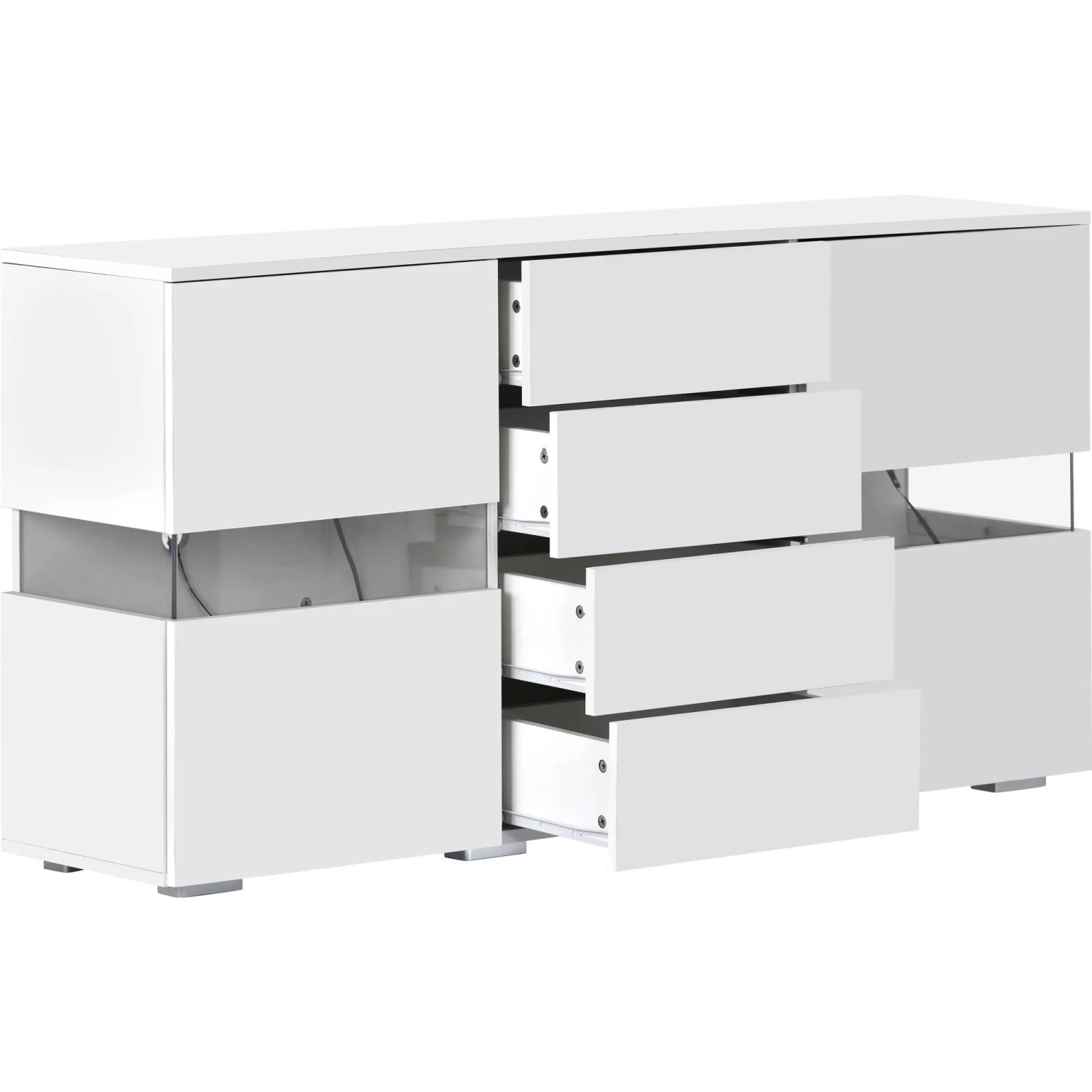 ModernLuxe Sideboard Hochglanz Modern mit 2 Türen 4 Schubladen Led MDF Weiß