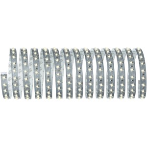 Aufgerollter Paulmann LED-Strip MaxLED 5m Warmweiß, silbernes Metallband mit warmweißen LEDs.