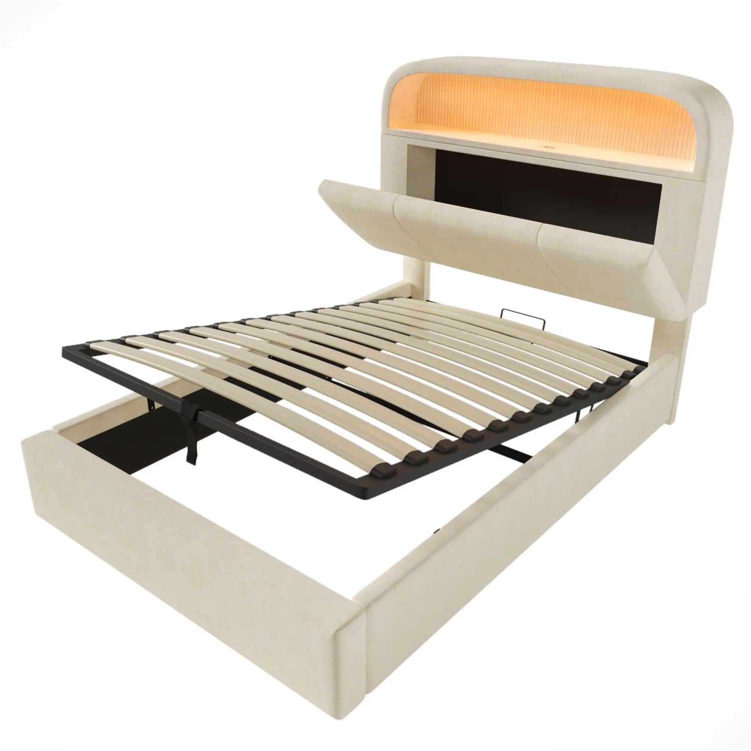 Merax Polsterbett 90x200cm LED USB-C Stauraum Beige Samt
