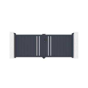 Graues Casanoov Doppelflügeltor aus Aluminium, 3 m breit und 120 cm hoch.