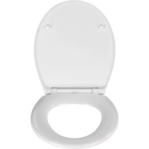 Weißer Wenko WC-Sitz Samos Premium mit Absenkautomatik, geöffnet.
