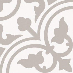 Feinsteinzeug Bodenfliese Barcelona, 25x25 cm, mit floralem Muster in Sandgrau auf hellem Grund.