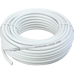 Schwaiger Koaxialkabel, 15 m, Ø 6,8 mm, weiße Kabelrolle mit angeschnittenem Kabelende.