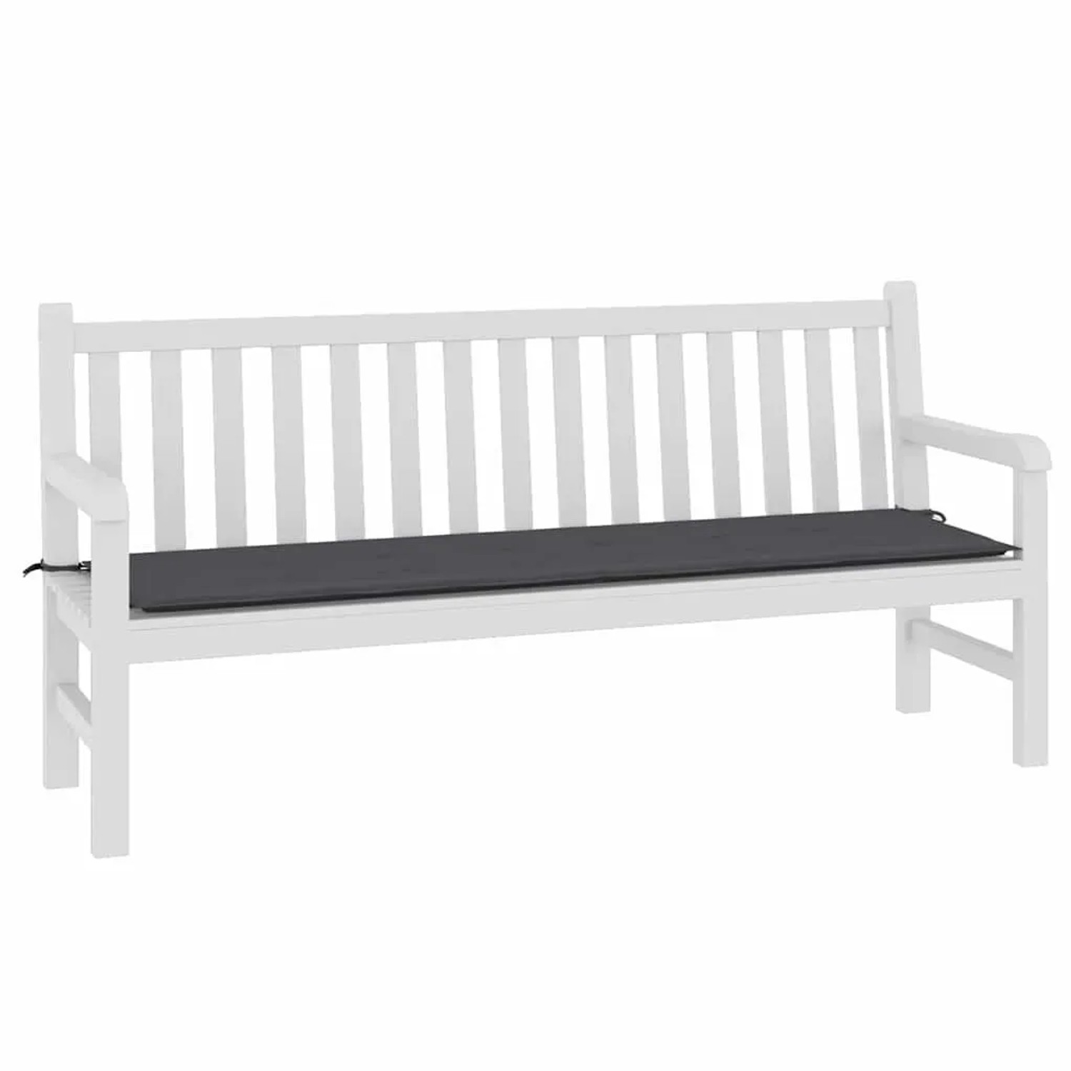 Anthrazitfarbene Gartenbankauflage 180x50 cm aus Oxford-Gewebe auf einer weißen Gartenbank.