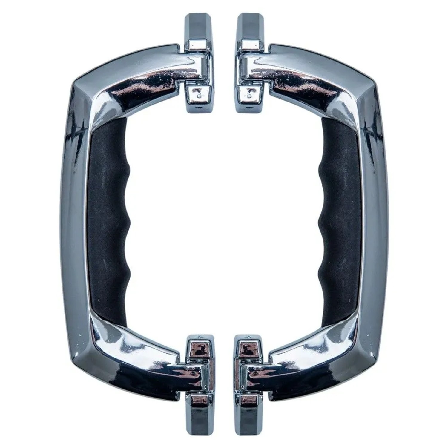 Zwei chromsilberne Kunststoff-Koffergriffe mit schwarzen, ergonomischen Griffen. Ideal für Werkzeugkoffer.