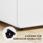 Weißer Vinsetto Rollcontainer mit schwarzen Rollen auf Holzfußboden. Detailansicht eines Rades für einfache Mobilität.