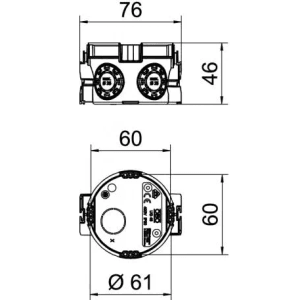 OBO Bettermann Unterputz Gerätedose: Technische Ansicht mit Maßen 76x46mm und Ø 61mm. Elektroinstallationsmaterial.