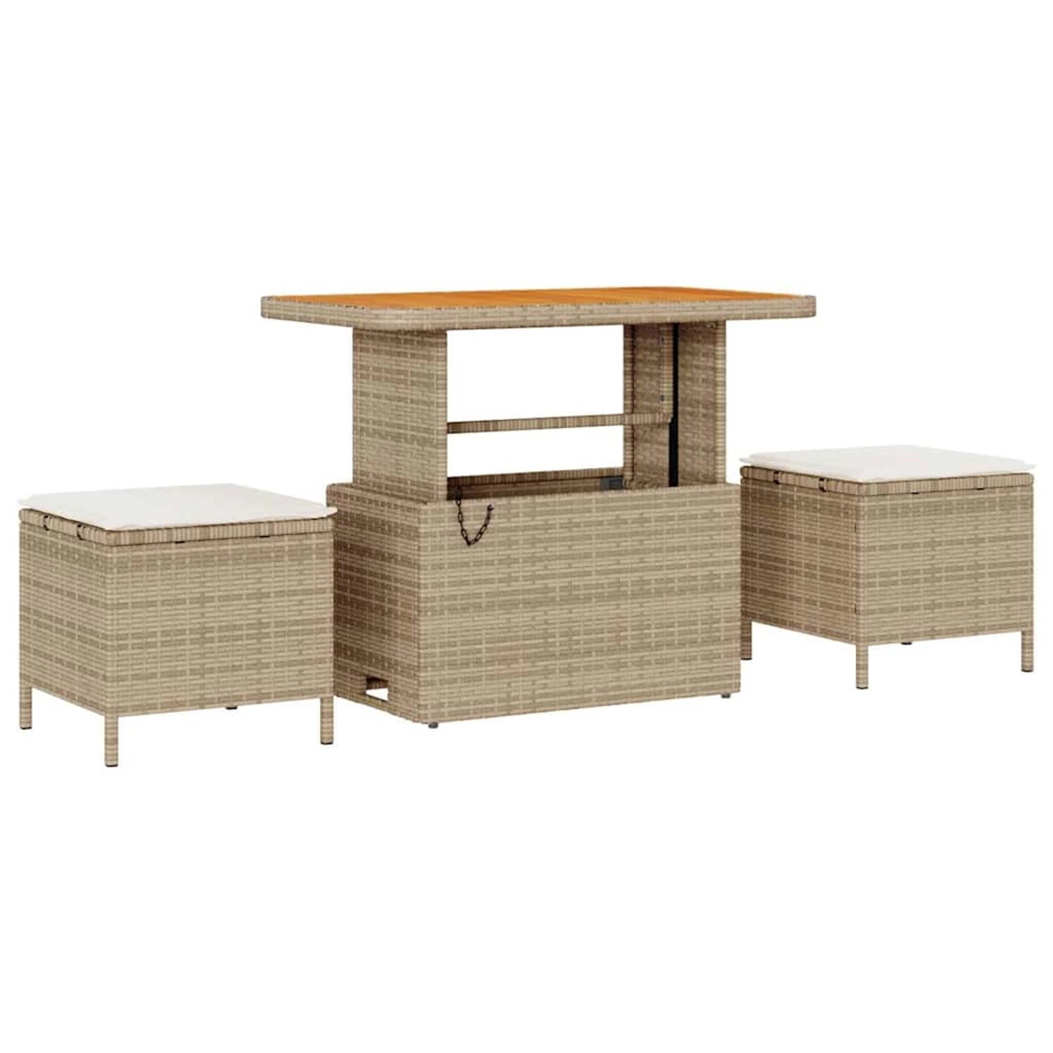 Beiges 8-tlg. vidaXL Garten-Sofa-Set aus Poly Rattan mit höhenverstellbarem Tisch und Hockern.