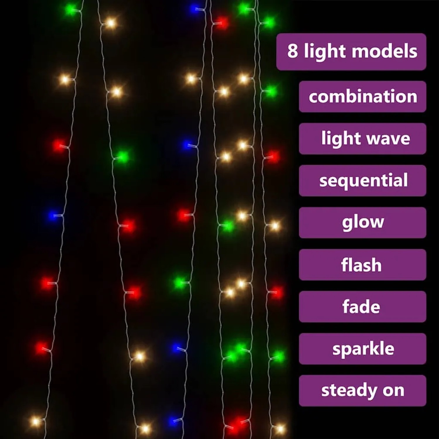 Bunter LED-Lichtervorhang 3x3m mit 300 LEDs und 8 Funktionen für Weihnachtsdekoration.