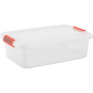 Transparente Aufbewahrungsbox K-Latch M mit Deckel und roten Verschlussgriffen.