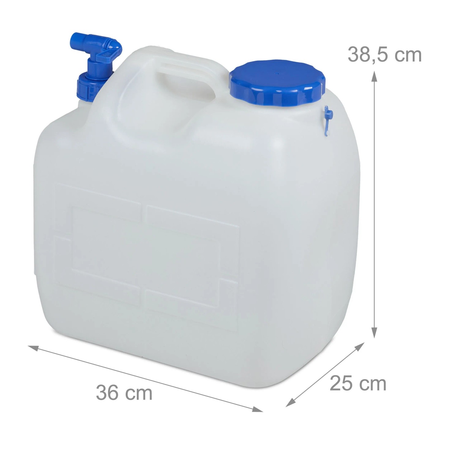 Weißer Relaxdays Wasserkanister 23 L aus HDPE mit blauem Hahn und Schraubdeckel für Camping & Outdoor.