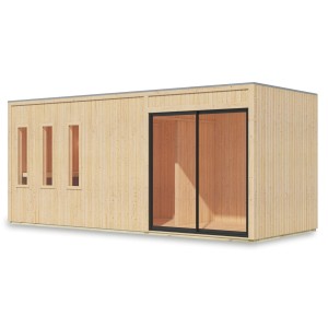 Naturbelassenes Karibu Saunahaus Huelva mit Schiebetür und drei Fenstern.