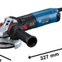 Bosch Professional GWS 17-125 Winkelschleifer mit Zubehör und Maßangaben.