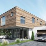 Moderne Terrasse mit grauen Cersanit Beton Terrassenplatten aus Feinsteinzeug. Haus mit Garage und Auto.