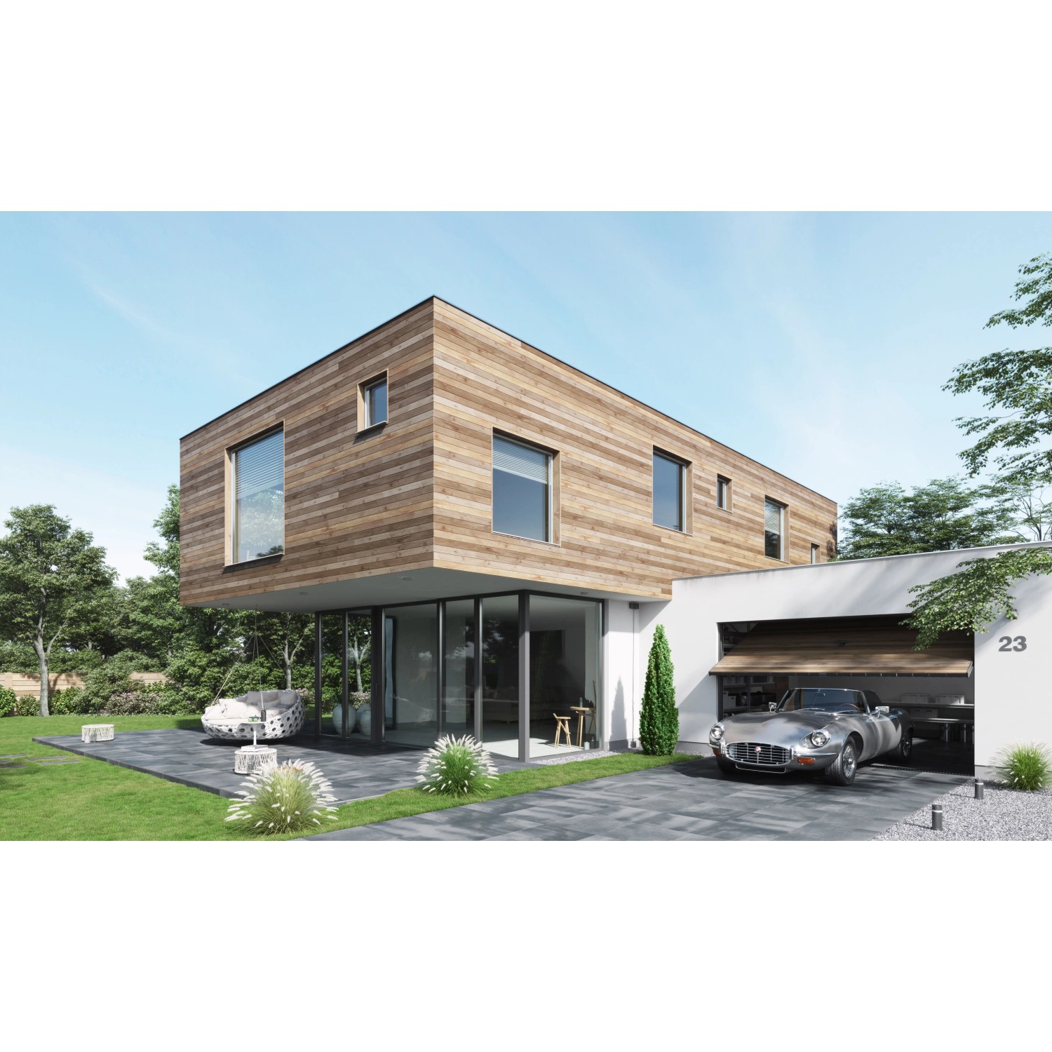 Moderne Terrasse mit grauen Cersanit Beton Terrassenplatten aus Feinsteinzeug. Haus mit Garage und Auto.