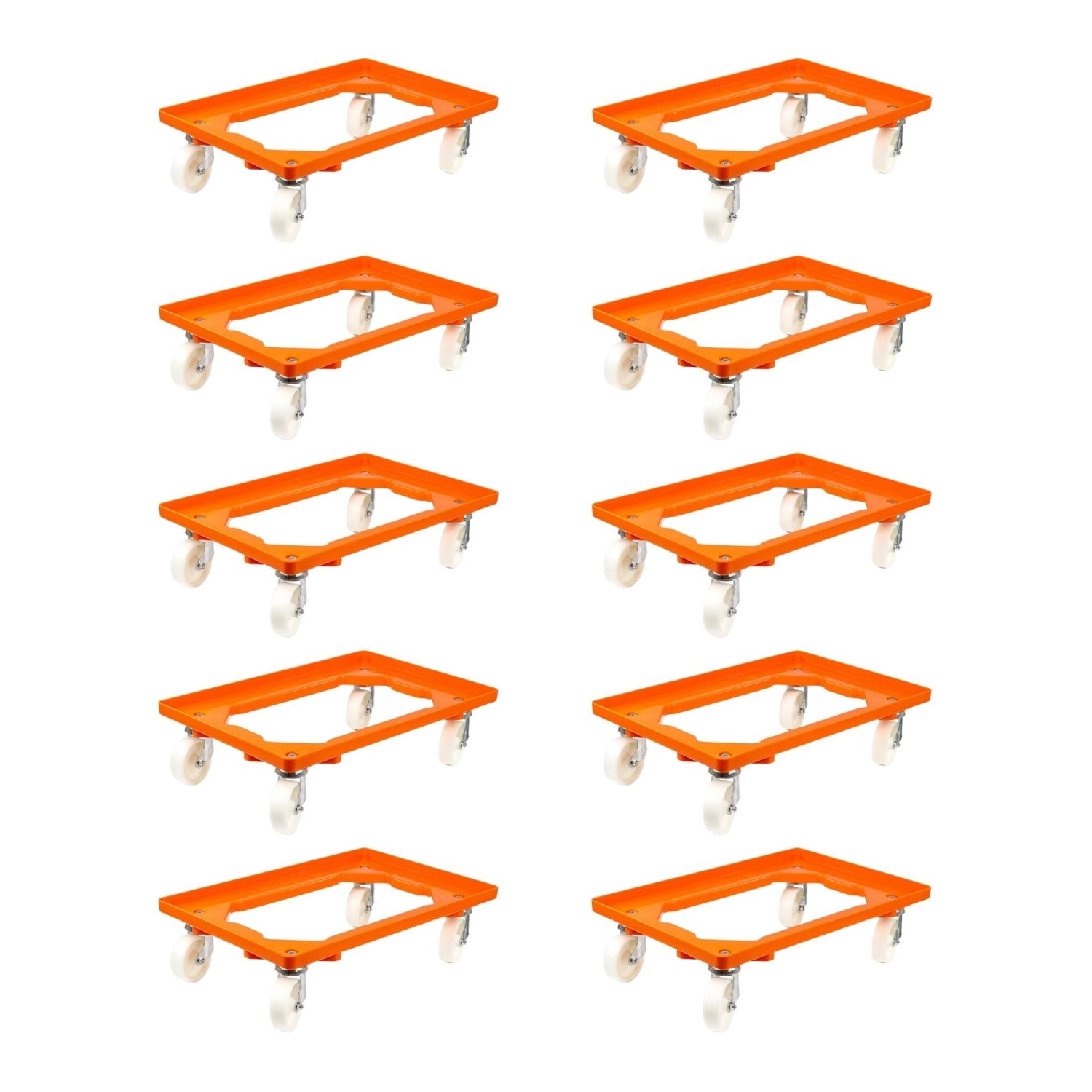 PROREGAL SparSet 10x Transportroller für Euroboxen 60 x 40 cm mit Kunststoffräder Orange Offenes Deck 2 Lenkrollen und 2