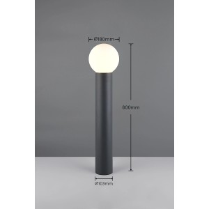 Anthrazitfarbene Trio LED Wegeleuchte Mures, 80 cm hoch, mit runder, opaler Glaskugel.
