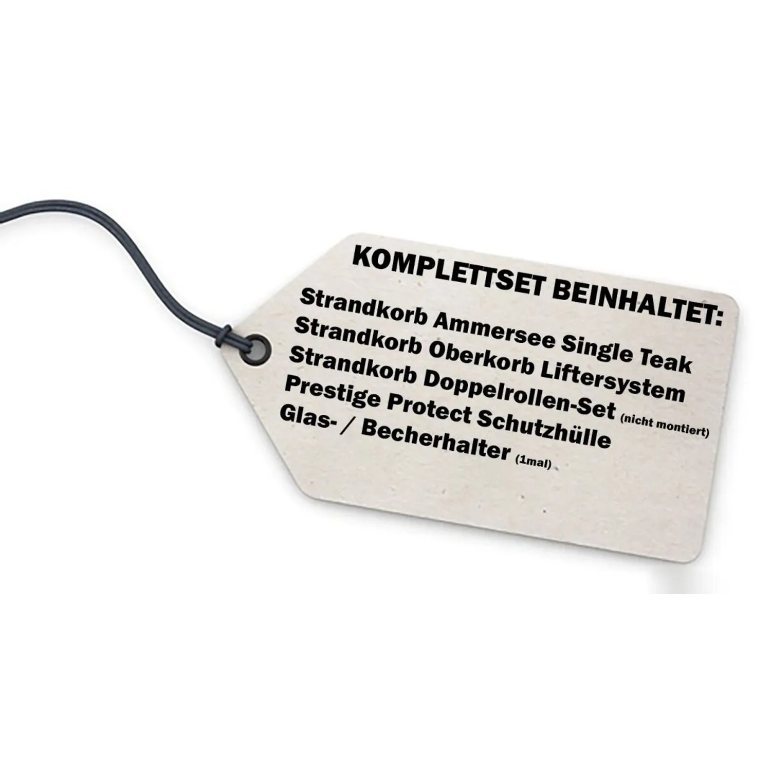 Etikett: Strandkorb Ammersee Komplettset mit Liftersystem, Schutzhülle, Doppelrollen und Becherhalter.