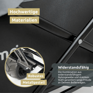 Detailaufnahme Bollerwagen deluxe4home: Robustes Metallgestell, breite Reifen, widerstandsfähiges Nylongewebe.