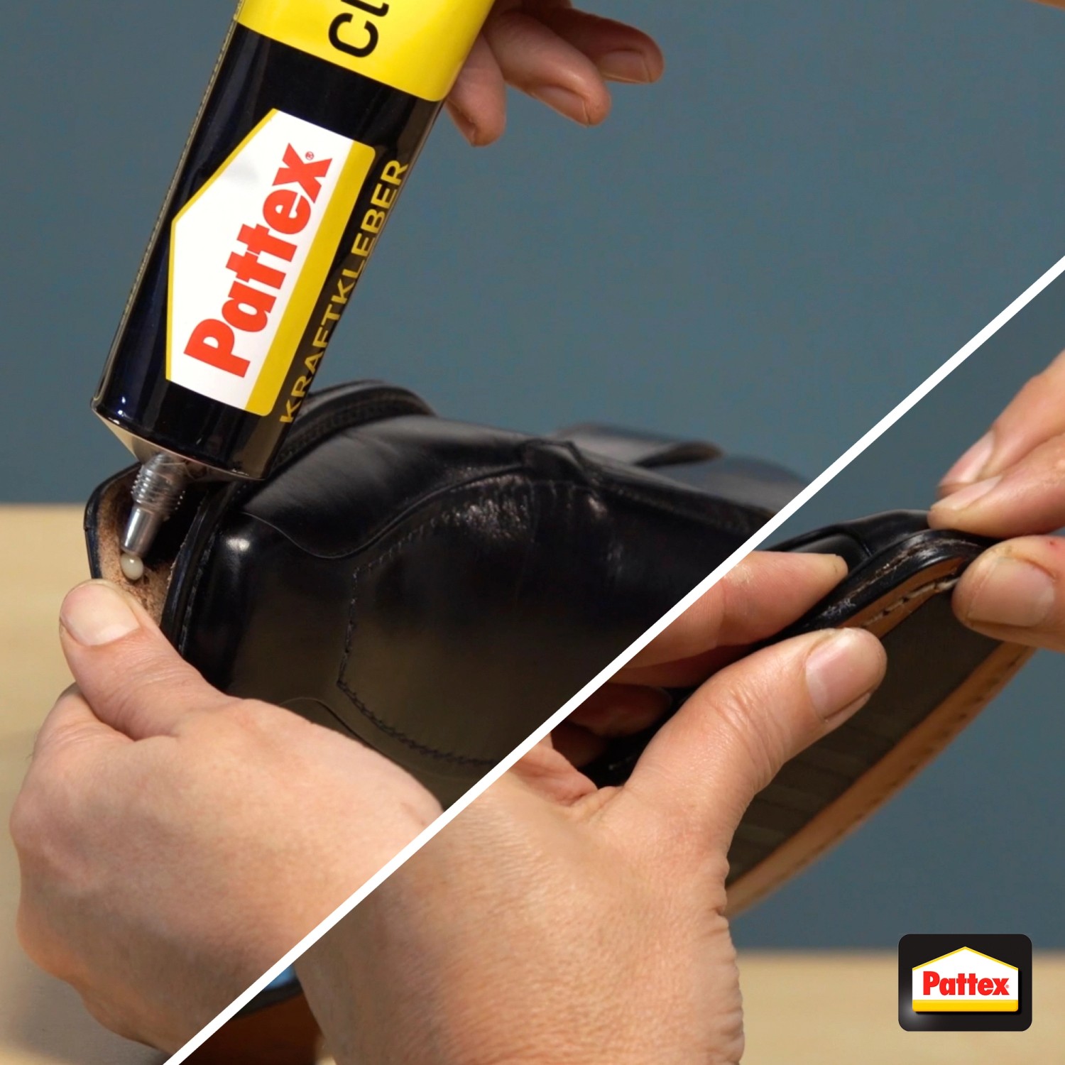 Anwendung von Pattex Kraftkleber Classic (125g) zum Kleben eines Schuhs. Universeller Kleber.