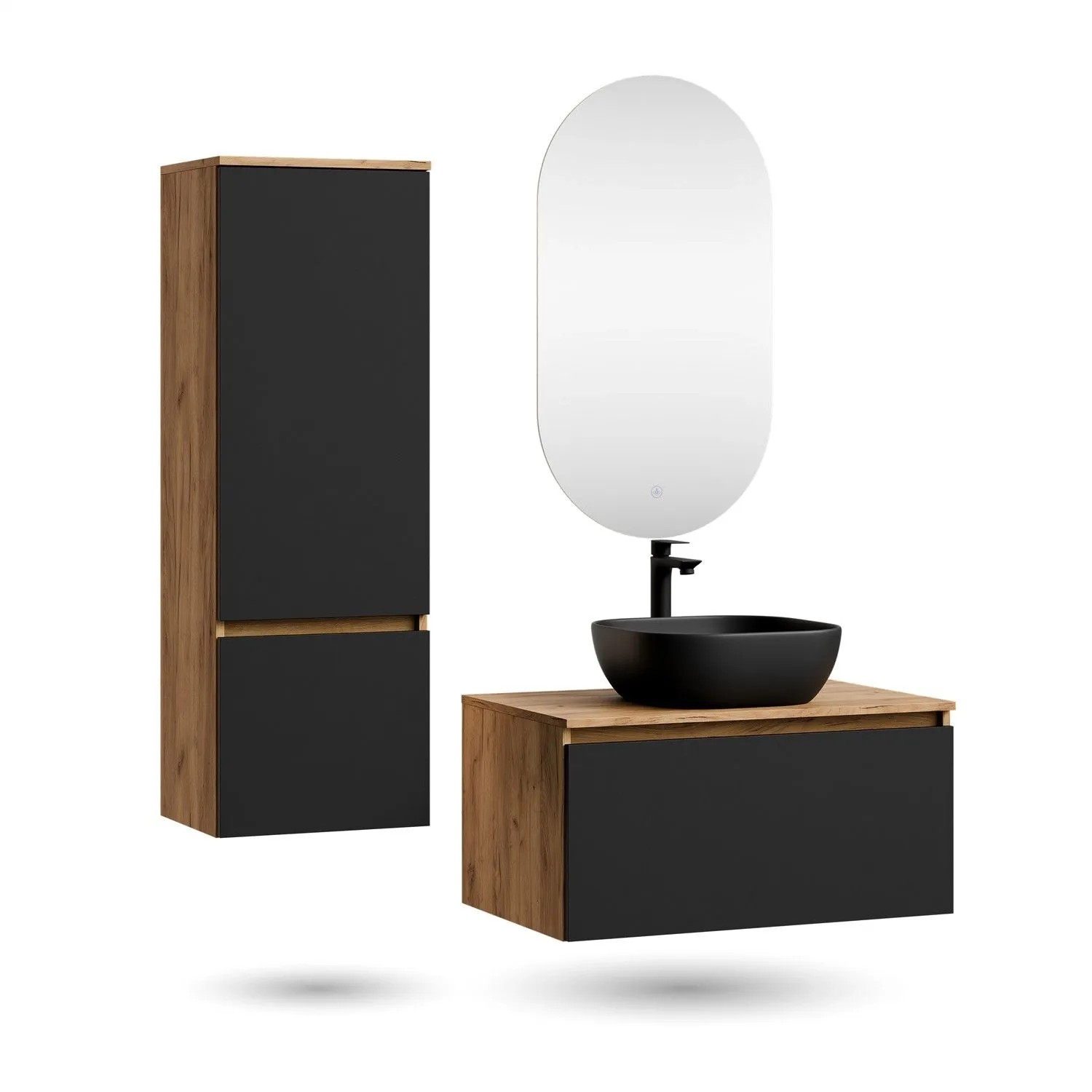 Planetmöbel ARISA Badmöbel Set 80 cm Schwarz mit Hochschrank LED Spiegel Dimmbar und Keramik Aufsatzwaschbecken 42 cm Schwarz