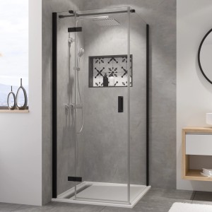 Breuer Duschwand Panorama, 90 cm, Sicherheitsglas mit schwarzem Rahmen. Duschkabine im modernen Badezimmer.