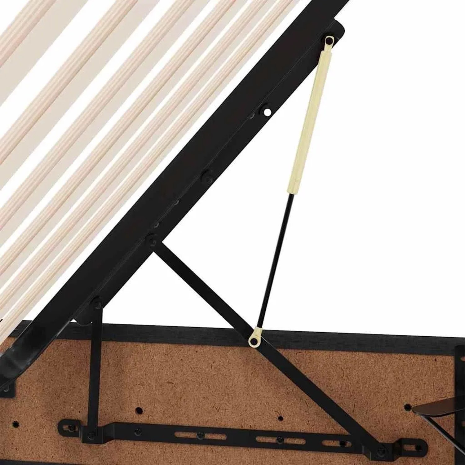 Detailansicht des vidaXL Betts mit LED-Lichtleisten, Fokus auf Hebemechanismus und Lattenrost.