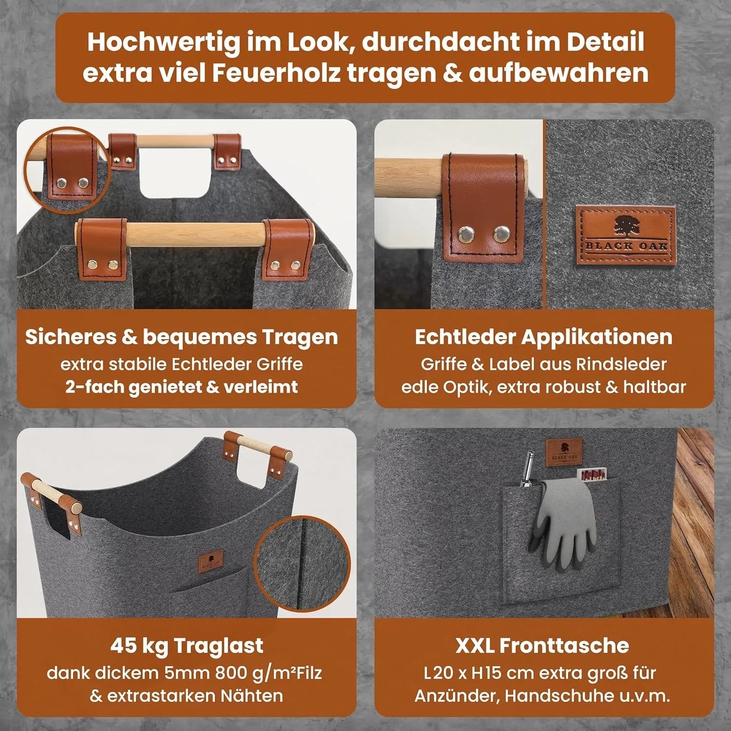 BLACK OAK Holzkorb MONTANA XL 60L Grau aus Filz mit Echtleder Applikationen – Kaminholzkorb für Brennholz Stabil mit Griffen Innenbereich_4