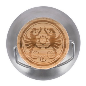 Petromax Isolierflasche TB150 (1,5 l) mit Bambusdeckel und Tragegriff, von oben.