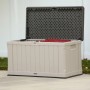 Geöffnete, lichtgraue Lifetime Gartenbox (128x64x67 cm) zur Aufbewahrung im Garten.