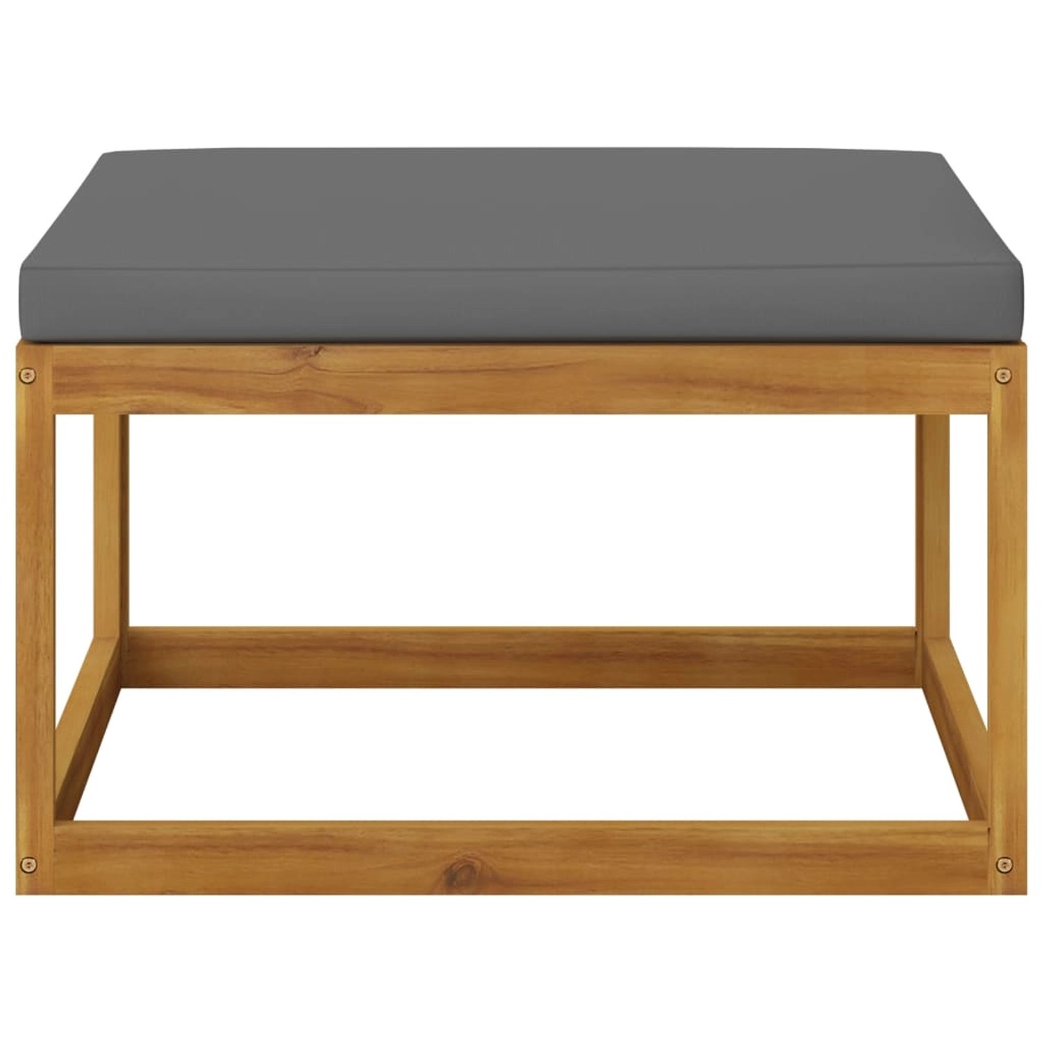 Fußhocker aus Akazienholz mit dunkelgrauem Polster, Teil des vidaXL Garten-Lounge-Sets.