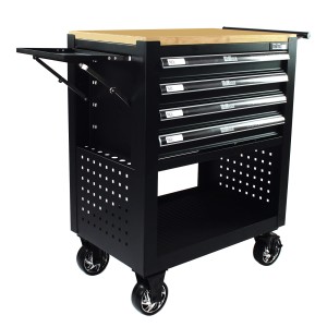Schwarzer TRUTZHOLM Werkstattwagen mit 4 Schubladen, Hartholzplatte und seitlicher Ablage.